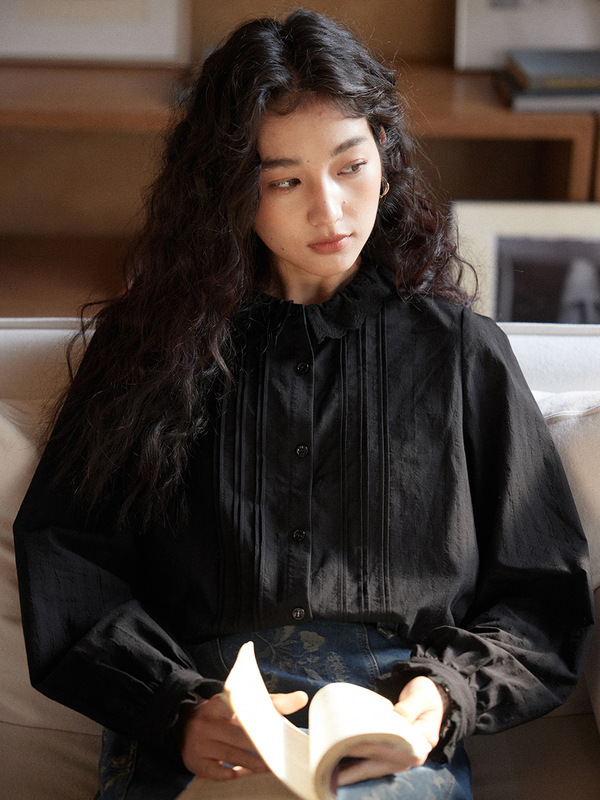 solighter 法式复古白色花边领长袖衬衫女秋冬2025新款显瘦上衣|undefined