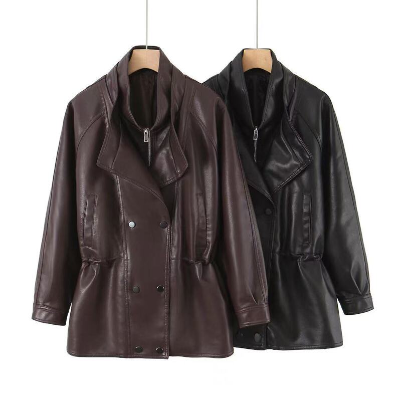 Cross-Border 2026 Spring Style Cross-Border Leather Motorcycle Jacket European and American Mid-Length Coat Loose Fit
