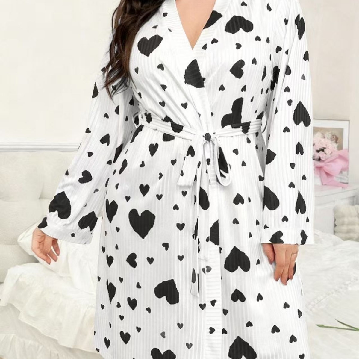 European and American Cross-Border Summer Large Size Heart-Shaped Home Wear Lace-Up Nightgown Casual Wearable Pajamas Women's Comfortable Dressing Gown