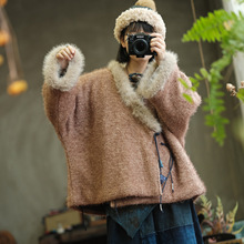 原创女装文艺复古毛毛夹棉长袖中式棉衣棉服女2261羊毛呢卡其