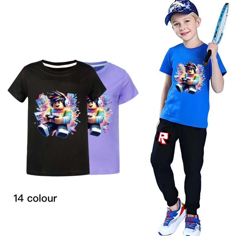 Roblox Summer Short-Sleeved T-Shirt and Long Pants Set for Older Children 5529 Roblox Summer Short-Sleeved T-Shirt and Long Pants Set for Older Children 5529