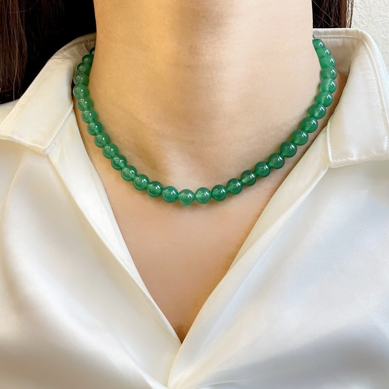 高品质翡翠绿玛瑙项链女新中式简约优雅大气元宝扣小众设计锁骨链