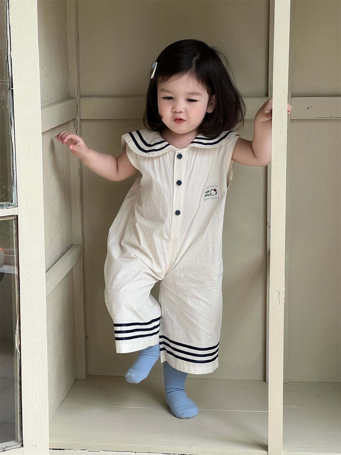 Ropa de verano para niñas, estilo delgado, novedad 2026, ropa de verano para niños, estilo coreano, ropa infantil, pelele de una pieza estilo marinero para bebé