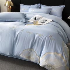 新款水洗真絲刺繡四件套輕奢風床笠款純色簡約天絲床單被套批發