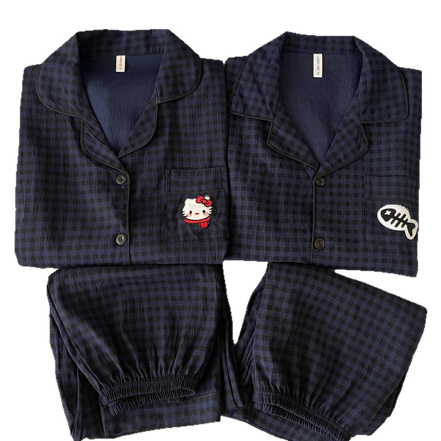 Pao azul a cuadrícula HelloKitty algodón gaza pareja pijama mujer primavera y otoño de mangas largas ropa de casa de hombre verano