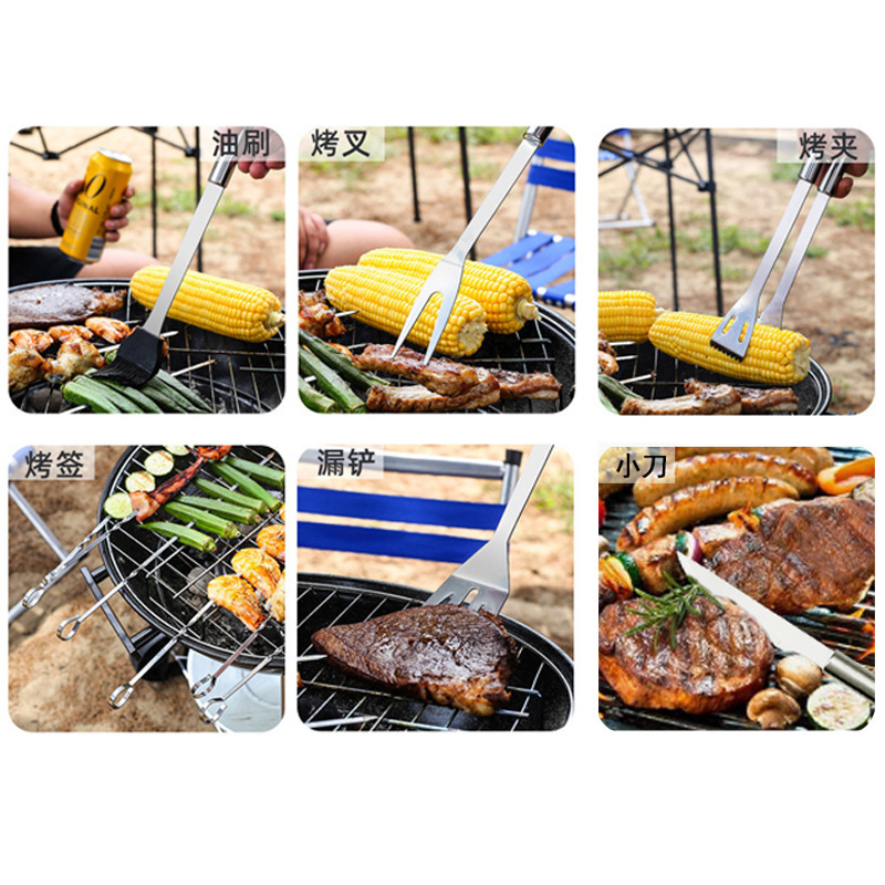 Juego de bolsa de tela para hornear juego de nueve piezas de acero inoxidable para barbacoa al aire libre cuchillo de herramienta de pala clip cepillo de aceite para barbacoa firma de barbacoa paquete de barbacoa de camping