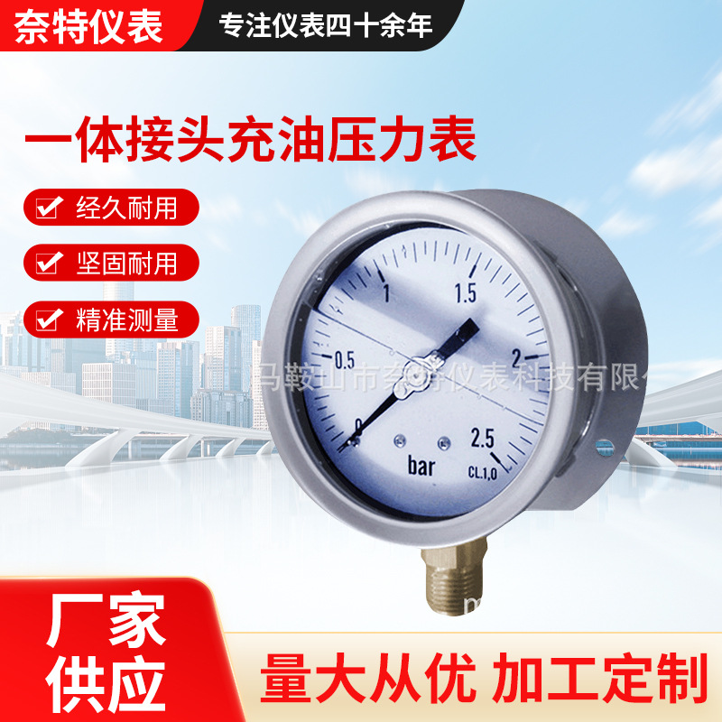 一体接头充油压力表 法兰三孔固定维卡式表壳直径100mm铜接头