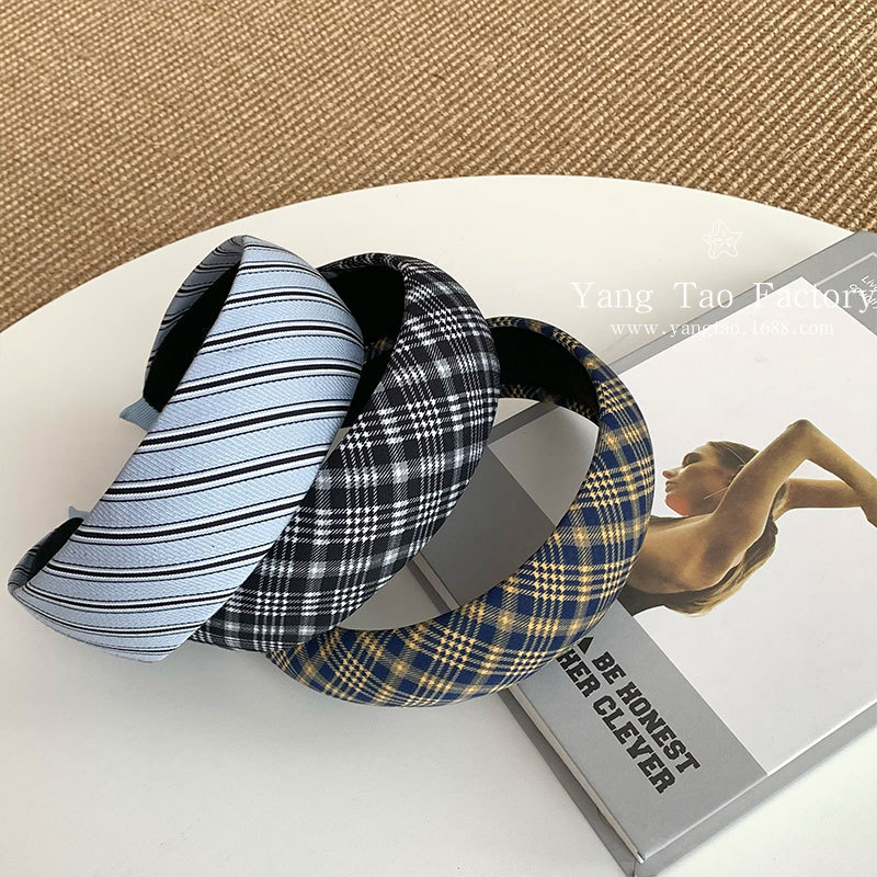 Diadema de tela a cuadros azul coreana, mujer fresca y versátil, diadema superior de cráneo alto blanco, horquilla de presión de temperamento fuera