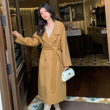 宽松翻领高端双面山羊绒大衣女加长款双排扣简约舒适通勤时尚外套