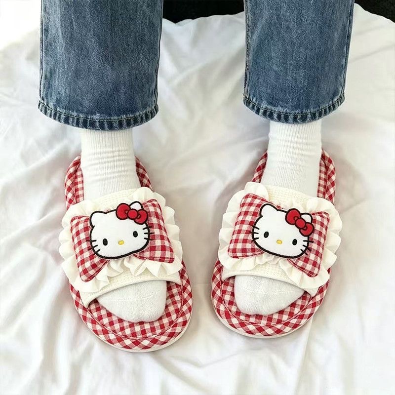 집에서 미끄럼 방지 귀여운 바닥 털털 슬리퍼 여자 겨울 정품 HelloKitty 일자