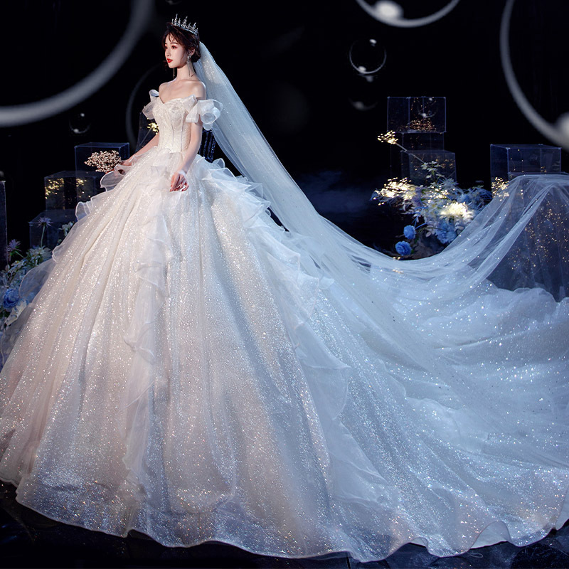 Elegante Vestido de Novia Estilo Bosque, Nuevo Modelo 2026, Cola Larga, Súper Romántico, Cielo Estrellado, Hombros Descubiertos, Vestido de Novia de Ensueño Hasta el Suelo.