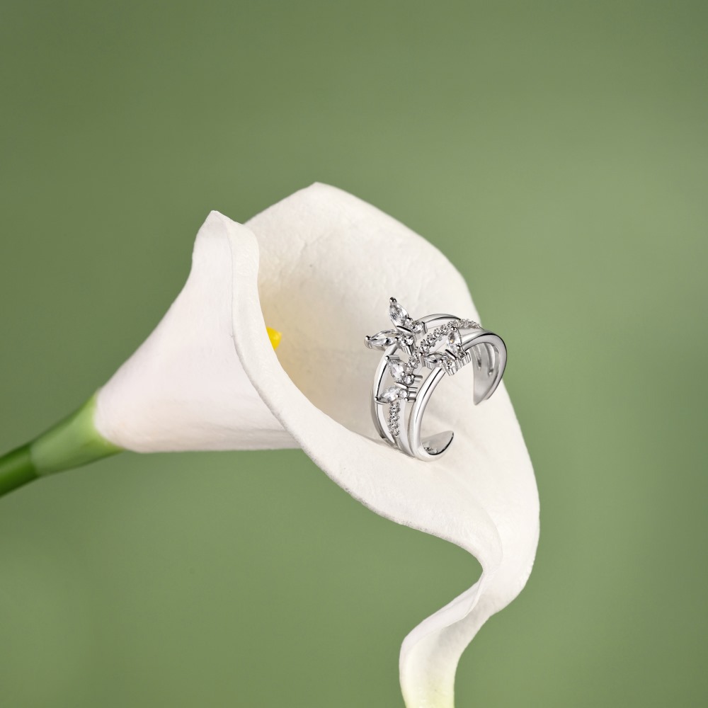 5g Weight Zircon Inlay Material Open Rings, Rings Classification 6, 9, Adjustable Ring Size 1 Piece Quantity Daily, Tea Party Occasion 925 Sterling Silver Material Butterfly Pattern Women's Gender Inlay Design Sweet, Shiny Style 925 Sterling Silver Zircon Butterfly Open Rings Rings 30