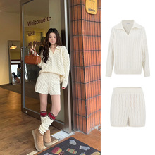 温柔御姐韩系穿搭宽松麻花翻领毛衣套装女秋冬针织高腰短裤两件装