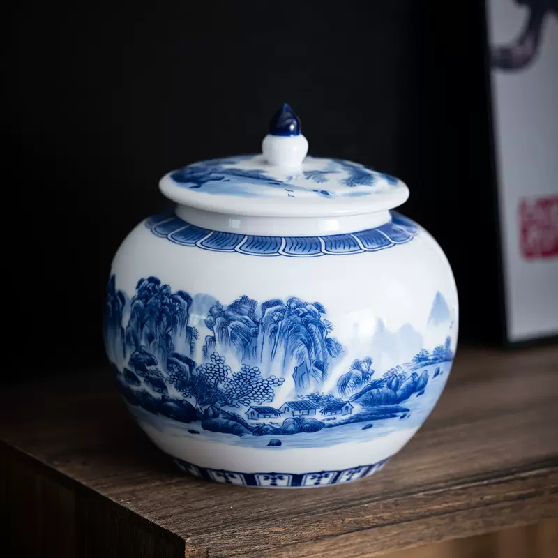 雄驰青花陶瓷茶叶罐大号白茶一斤装红茶普洱茶密封罐茶叶空礼盒装