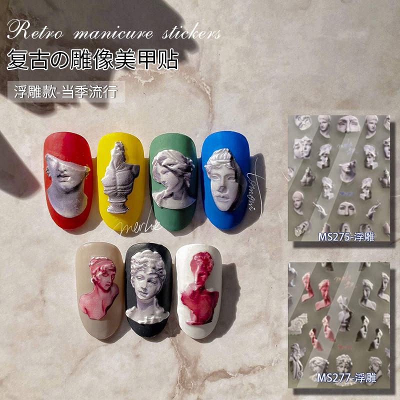 Nombre conjunto de papel adhesivo de uñas en línea popular alivio 5D estatua tridimensional yeso cabeza retrato artístico calcomanías de uñas patrón pequeño