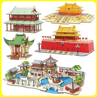 Manufacturer Wholesale Direct Sales National Trend Wooden 3D Stereo Puzzle Chinese Ancient Architecture Hand-Assembled Model Toy Building Blocks