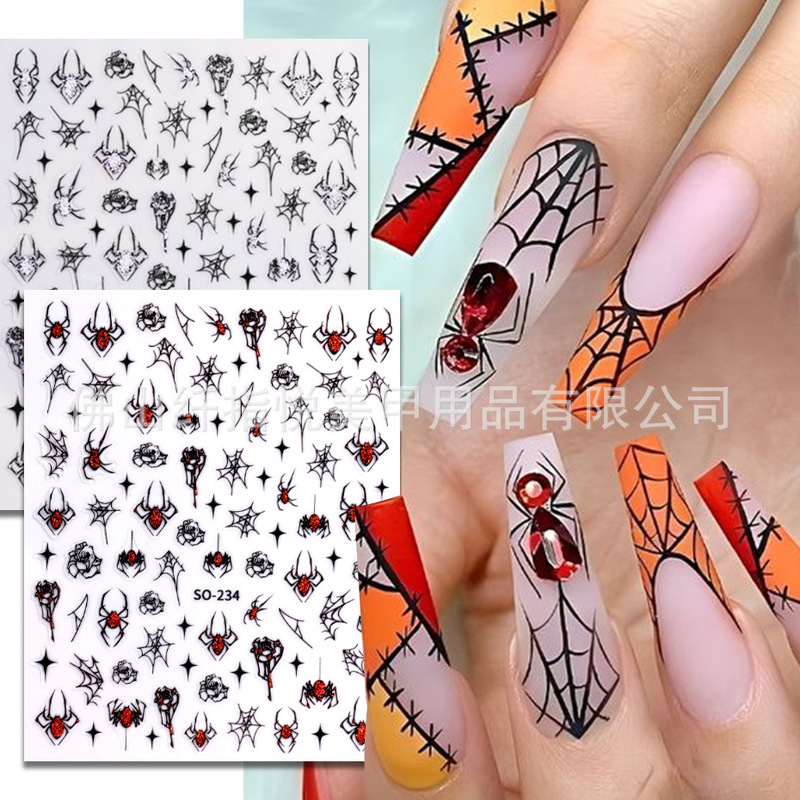 Cross-border Halloween nail art stickers wholesale ins glitter love spider web star rose dark adhesive decal