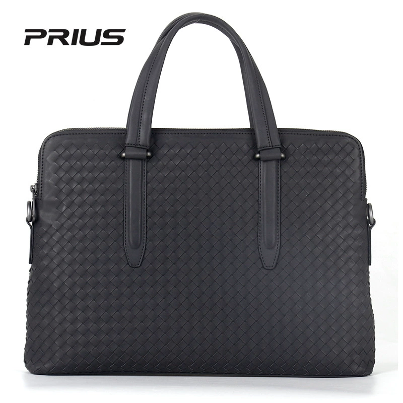 Prius brand 25 men's leather briefcase oil wax leather woven document bag double-zippered computer bag business man bag