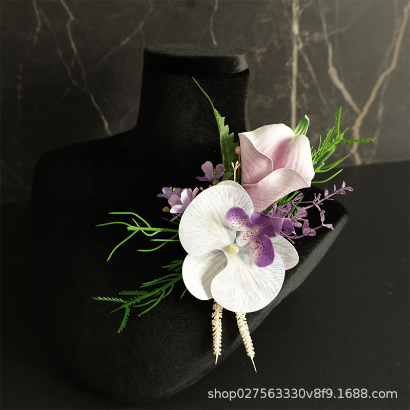 艺雅阁 25021结婚用品嘉宾胸花襟花手花浅紫色马蹄莲蝴蝶兰仿真花|undefined