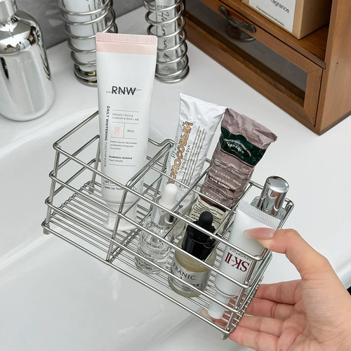 Ins bathroom toothbrush holder basket countertop draining shelf makeup basket stainless steel skin care product storage bathroom
