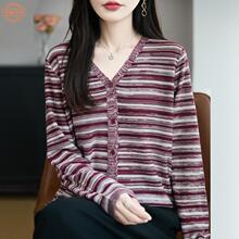 早秋新款针织衫开衫女长袖V领流苏边外搭上衣复古风条纹毛衣外套