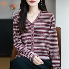 早秋新款针织衫开衫女长袖V领流苏边外搭上衣复古风条纹毛衣外套