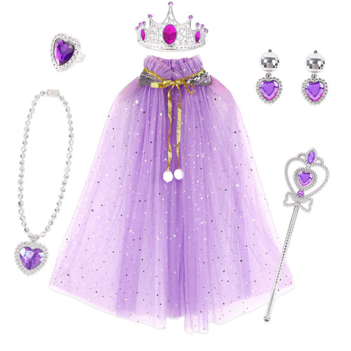 New model for children and girls to play princess, colorful cloak, magic wand, female crown, queen necklace, earrings and rings, six-piece set