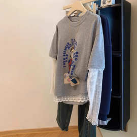 灰色蕾丝花边拼接长袖t恤女2025夏季新款韩系假两件防晒显瘦上衣