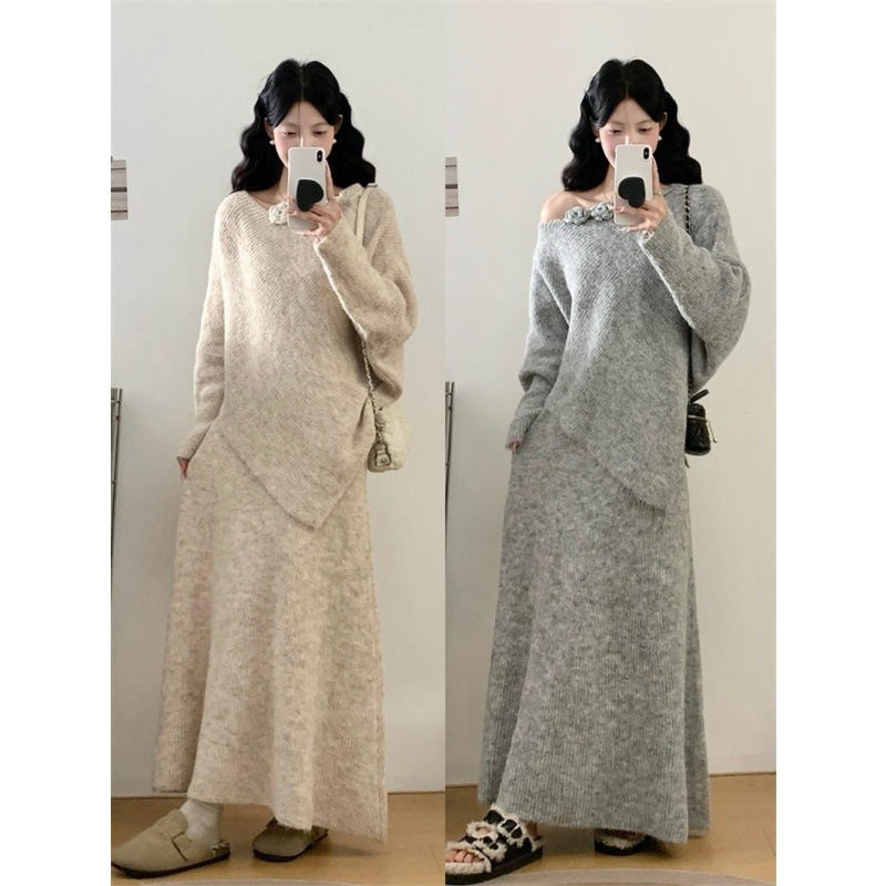 YS Royal Sister Style Three-Dimensional Rose Flower Irregular Sweater and Skirt Set for Women, New Autumn/Winter Simple Versatile Knit Outfit