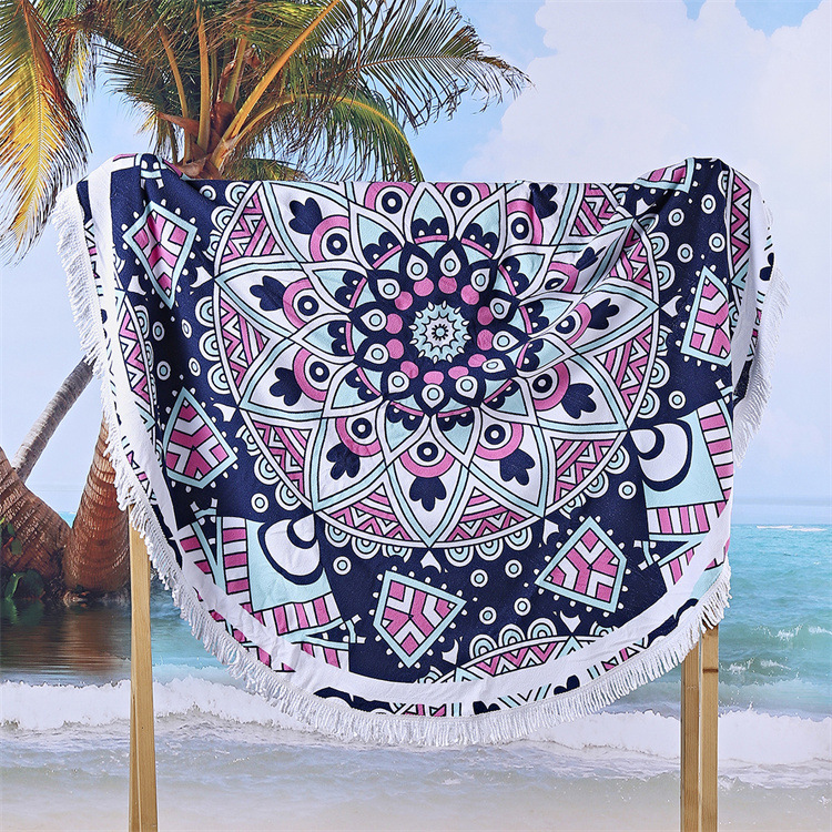 Custom Round Beach Towel Microfiber Bohemian Fashion Tassel Geometric Pattern Printed Bath Towel Towel