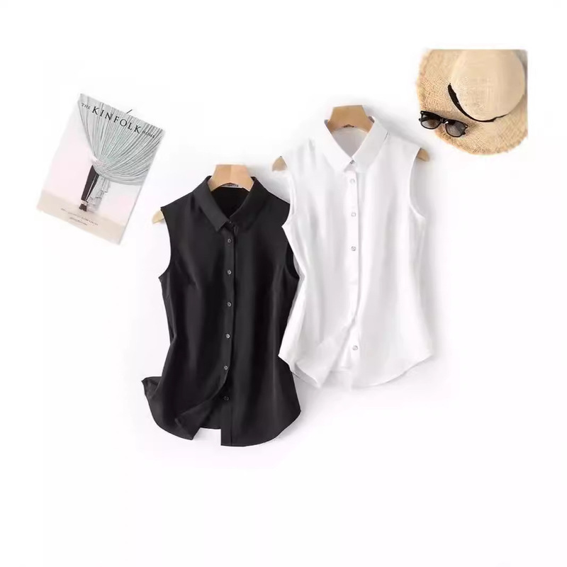 Black and White Sleeveless Shirt Collar Women's Spring, Summer, Autumn and Winter Inner Top Professional Base Vest Chiffon Shirt Stacked