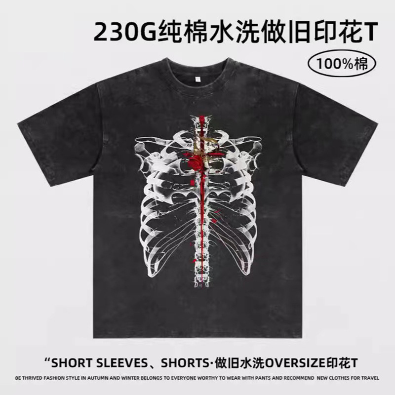 Comercio exterior impresión transfronteriza camiseta de manga corta hombre verano retro relajado pareja hip hop vientos casuales blusa