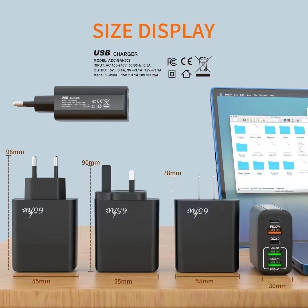 Chargeur de téléphone portable 2PD + 3USB, norme britannique PD65W, tête de charge super rapide en nitrure de gallium_voghion.com