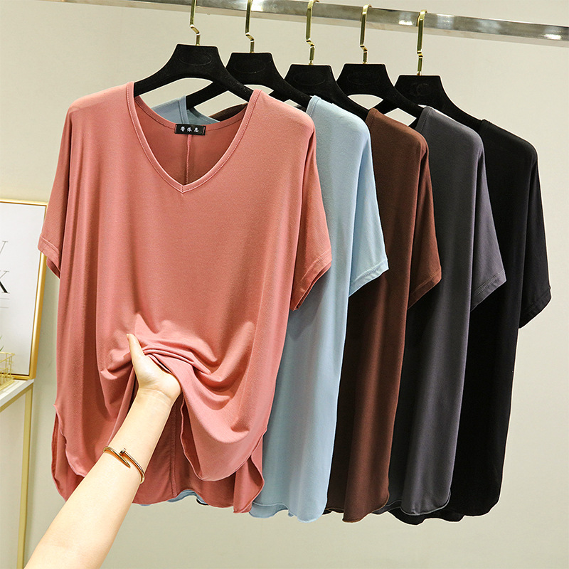 Modal summer V-neck loose short-sleeved T-shirt women's Korean-style plus size simple casual top thin slimming bottoming shirt