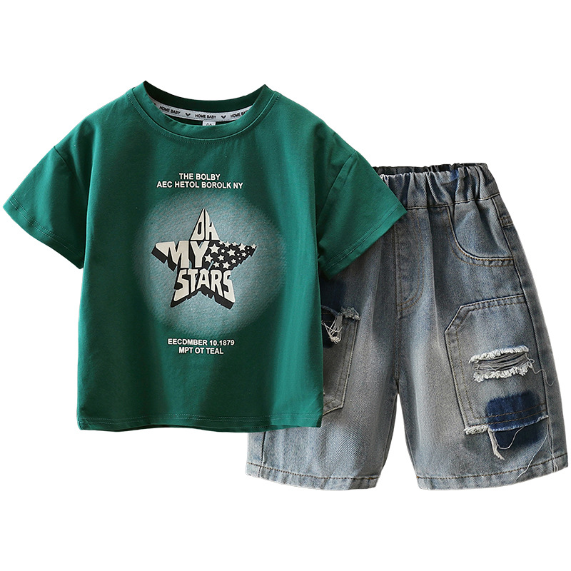 7129 Traje de verano para niños Cool y guapo, estrella de cinco puntas, camiseta de manga corta, pantalones cortos, traje de dos piezas de verano para niños