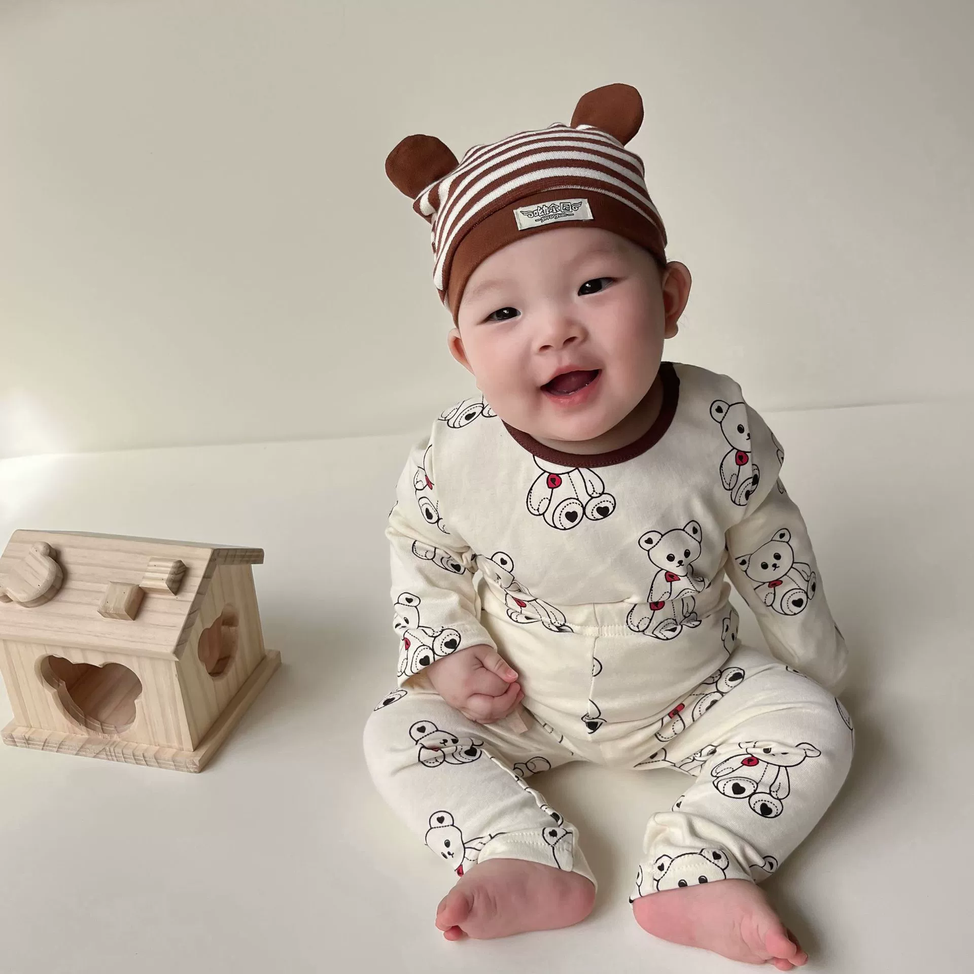 Ins осенний Детский комплект из двух предметов с длинными рукавами и принтом 2024 весна-осень детский нижний костюм-рубашка с милым медведем