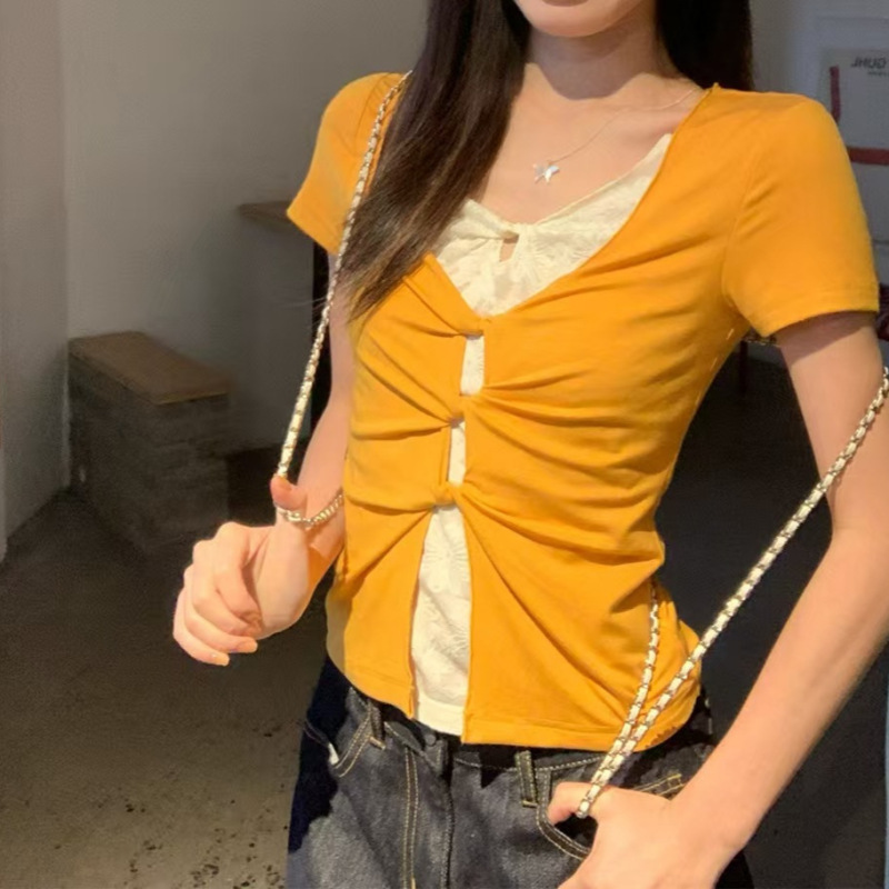 Mango Yellow Faux Two-Piece Lace Short-Sleeve T-Shirt for Women, Summer Slim-Fit American Style Spicy Girl Top Mango Yellow Faux Two-Piece Lace Short-Sleeve T-Shirt for Women, Summer Slim-Fit American Style Spicy Girl Top
