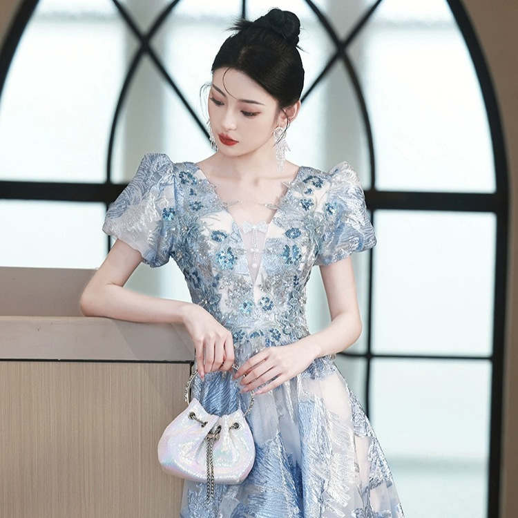 Đầm dạ hội ôm body màu xanh cao cấp, tay dài, phong cách thanh lịch — Màu xanh lam tiên khí
