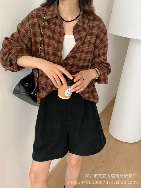 琪镌绘制美式复古长袖格子衬衫女秋季新款高级感显瘦休闲叠穿衬衣|undefined