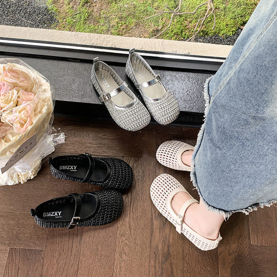 Genuine Leather Mesh Hollow Shoes Women's 2025 New Summer Dress Soft Flat Breathable Buckle Mary Jane Shoes