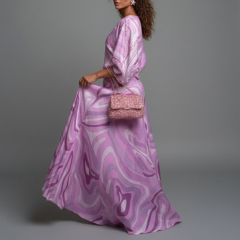 2026 Spring New European And American Cross-Border Women's Fashion Casual Color-Block Print Loose Long Skirt Two-Piece_ecoleips.com