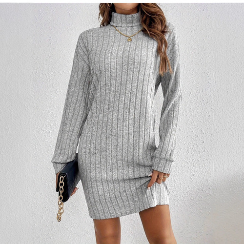 European and American women's mid-length skirt, fashionable brushed striped autumn high-neck long-sleeved dress