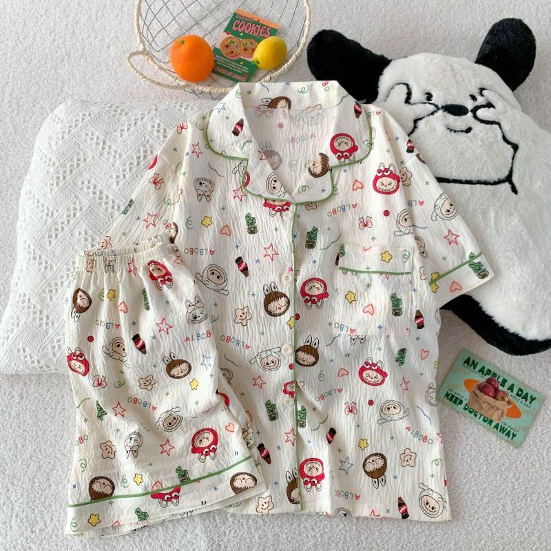 Al por mayor transfronterizo explosión de verano nubes cardigan solapa pijamas de niña dulce mangas cortas pantalones cortos set de ropa para el hogar