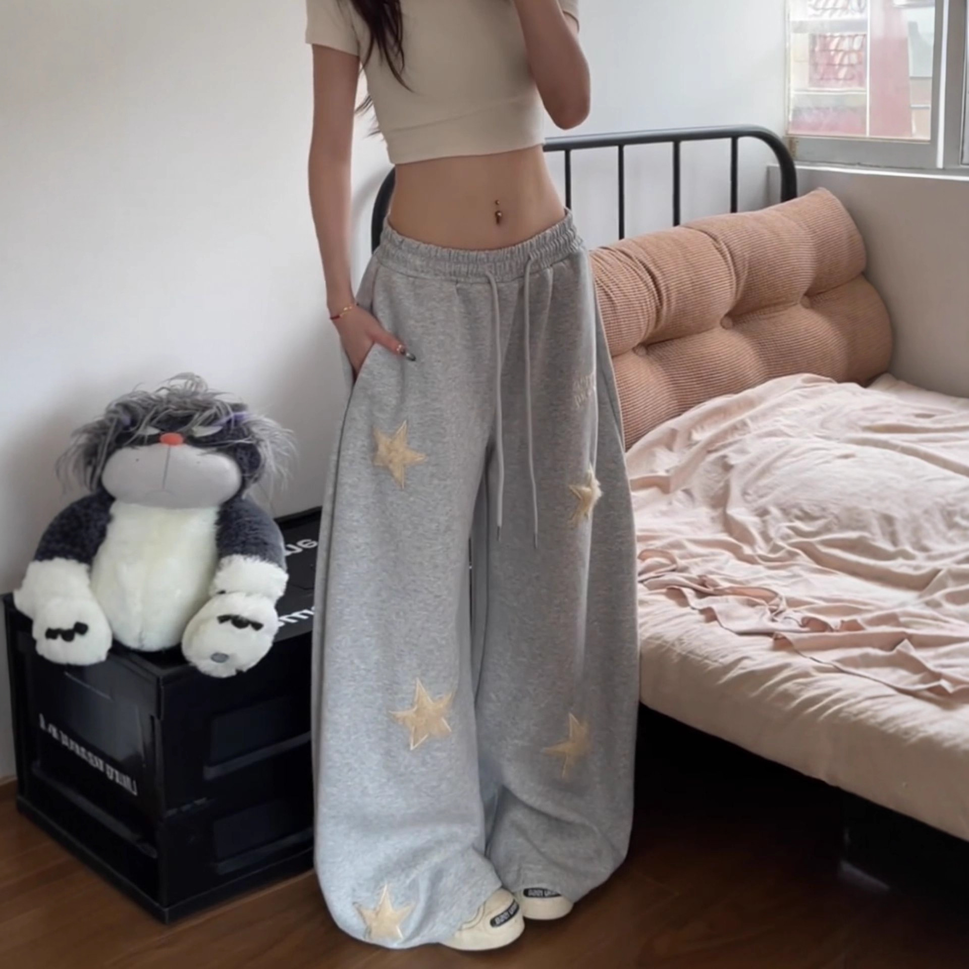 Designed Five-Pointed Star Embroidered Sweatpants for Women in Autumn and Winter Loose Wide-Leg Pants Casual Sports Pants Jazz Dance Pants Ins