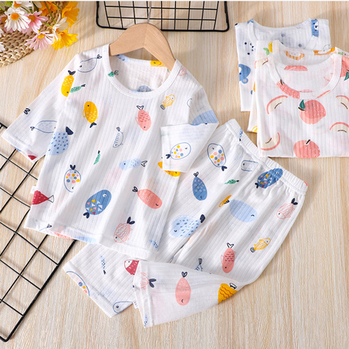 Two sets of children's summer thin air-conditioned clothing suits for boys and girls aged 1-6 years old, three-quarter sleeve home pajamas