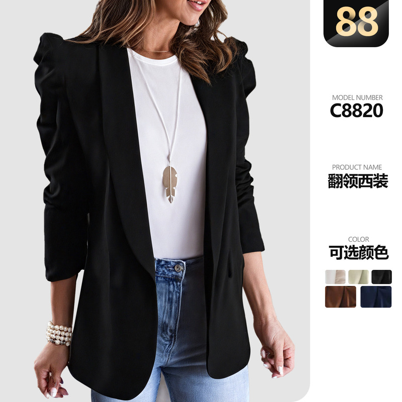 Amazon Temu Cross-Border Foreign Trade 2025 Autumn New Solid Color Long-Sleeve Lapel Blazer Women's Slim-Fit Jacket