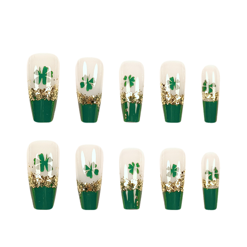 Golden Flash Lucky Clover manicure comercio exterior verde francés Uña de San Patricio parches de uñas de vacaciones image 5