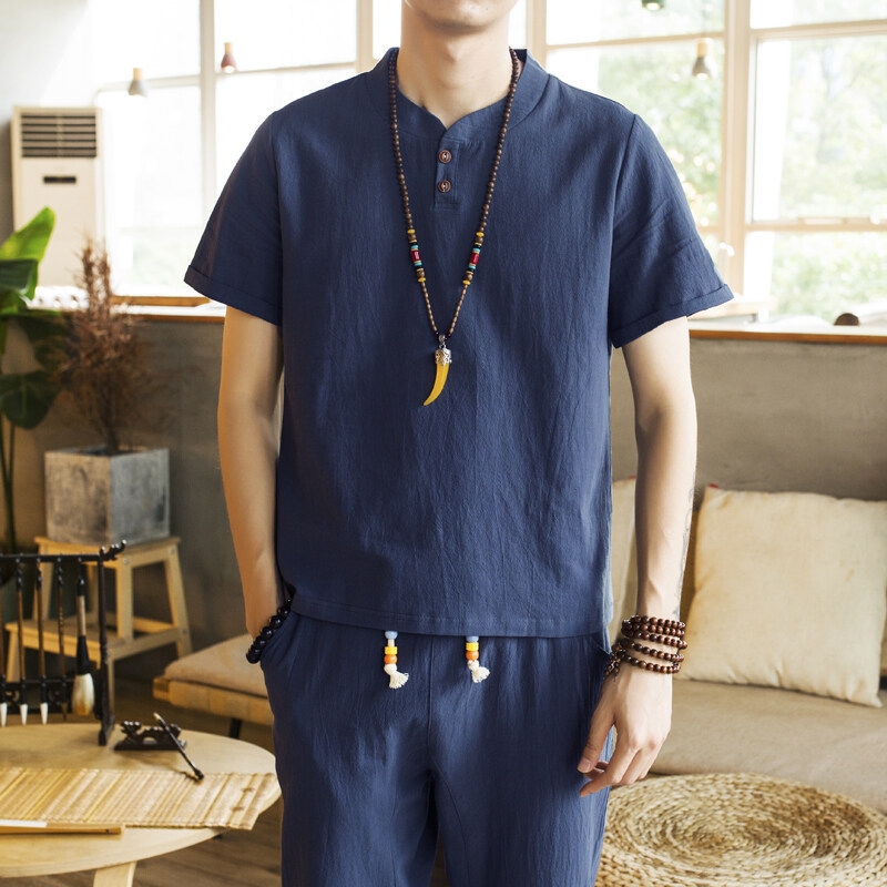 Summer sleeves, men's set, retro Hanfu, Chinese style, cotton and linen, with short sleeve, plus size 3