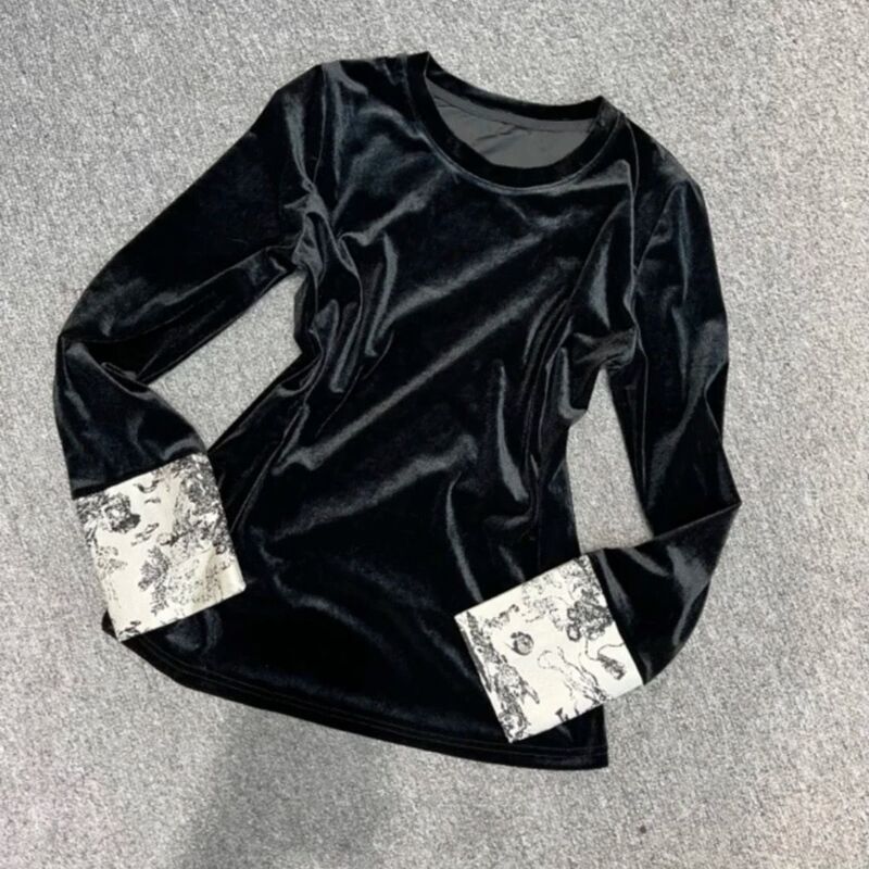 Chinese Style Color-Blocking Long-Sleeve Velvet Top for Women, New Ethnic Style Loose-Fitting Base Shirt for Spring Chinese Style Color-Blocking Long-Sleeve Velvet Top for Women, New Ethnic Style Loose-Fitting Base Shirt for Spring