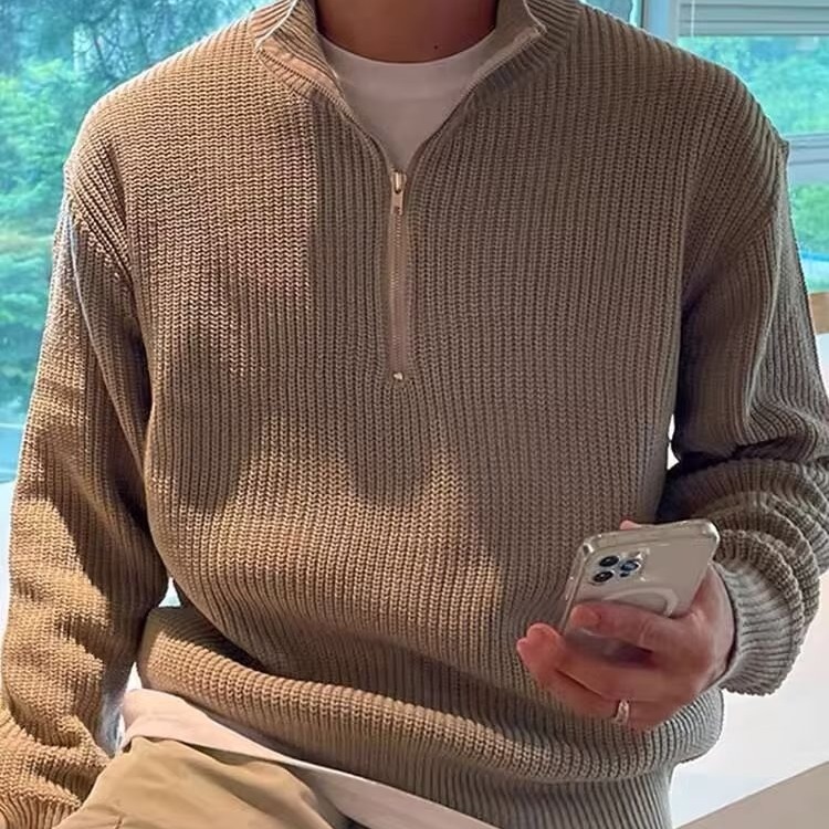 Autumn half zipper cardigan sweater men's Korean-style trendy handsome all-match stand collar sweater top turtleneck coat